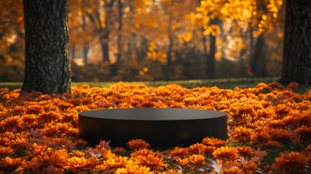 Autumn setting with vibrant orange flowers surrounding a circular black platform in a parkの素材