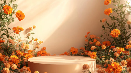A decorative display featuring vibrant orange flowers surrounding a circular pedestalの素材