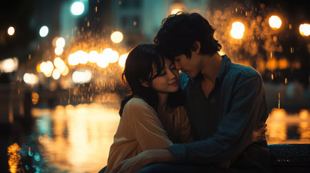 Romantic couple embracing under streetlights and rain in a cozy urban setting at nightの素材