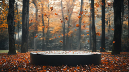 A serene forest in autumn with falling leaves surrounding a circular platform at duskの素材