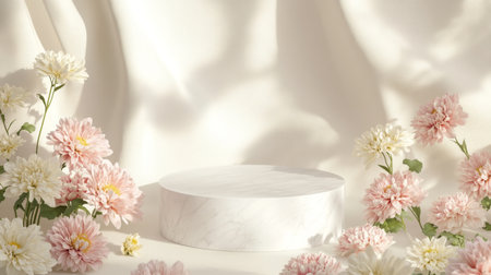 Delicate pastel flowers surrounding a marble pedestal on a soft cream backdropの素材