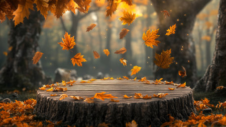 Autumn leaves swirling above a wooden stump in a tranquil forest at duskの素材