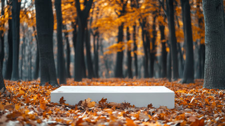 Park in autumn with vibrant orange leaves surrounding a white platform on the groundの素材