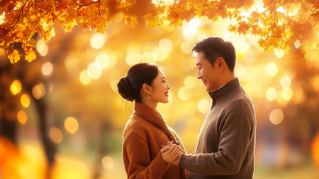 A couple enjoying a warm autumn moment together under golden leaves in a parkの素材