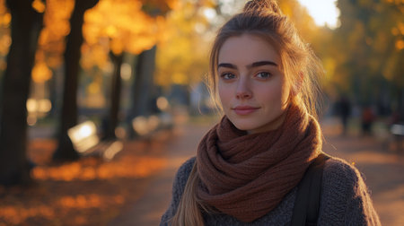 Young woman in a cozy sweater and scarf enjoying a sunny autumn day in a parkの素材