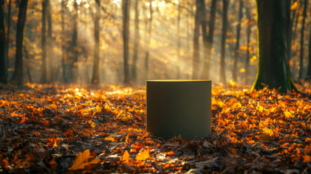 A mysterious cylindrical object amidst autumn leaves in a sunlit forest clearingの素材