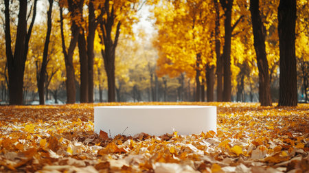 A white platform sits in a park covered in autumn leavesの素材