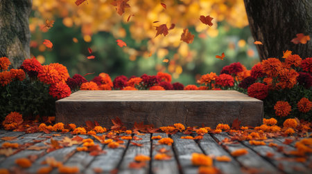 A quaint wooden platform surrounded by colorful fall flowers and falling leavesの素材
