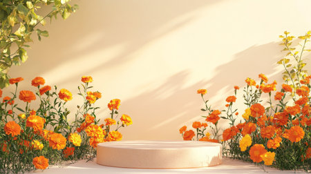 A vibrant display of orange flowers surrounding circular platform in sunlit garden settingの素材