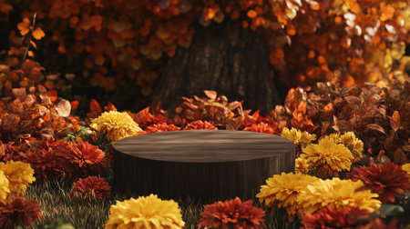 Autumn garden scene with vibrant flowers and a wooden stump under a colorful treeの素材