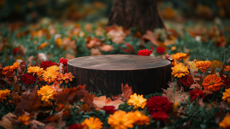 Colorful autumn leaves surround a rustic wooden stump in a vibrant garden settingの素材