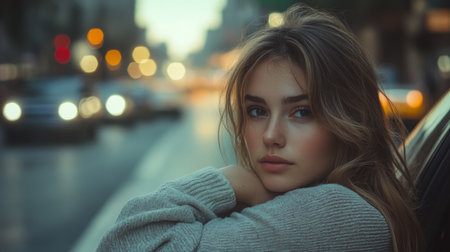 A young woman looks over her shoulder in a city at duskの素材