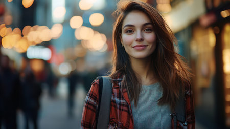 Young European woman smiling in a bustling city street during twilight with festive lightsの素材