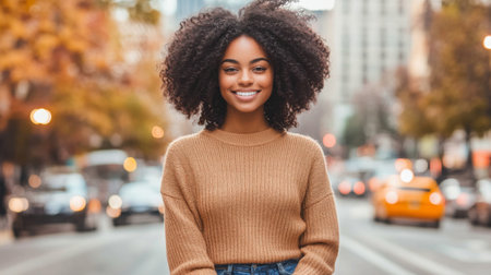 Smiling black woman with curly hair stands confidently on a busy city street during autumnの素材