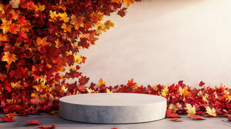 Autumn leaves cascading around a circular stone pedestal in a vibrant fall settingの素材