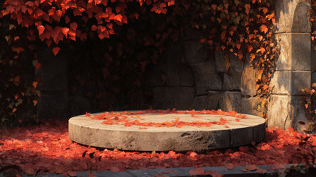 A stone platform surrounded by vibrant autumn leaves in a tranquil garden settingの素材