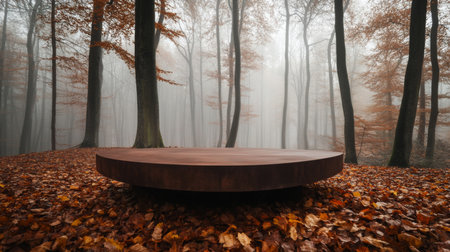 A serene wooden platform surrounded by misty autumn forest at dawnの素材