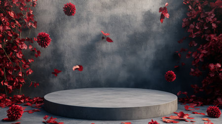 A gray pedestal sits in front of a wall surrounded by red flowersの素材