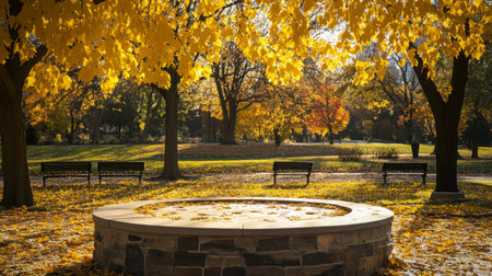 Autumn tranquility in a park with vibrant yellow leaves and a circular stone benchの素材
