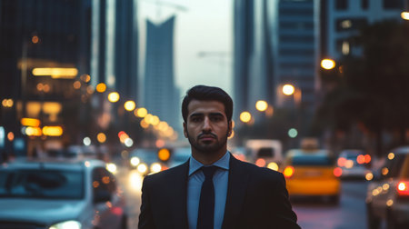 A businessman walks through a city street at nightの素材