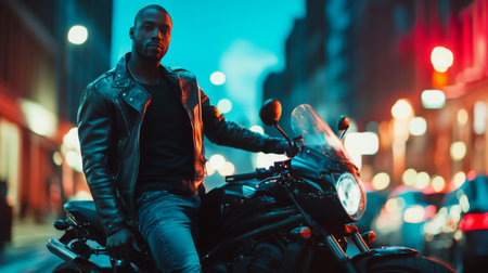 A man in leather jacket poses confidently on motorcycle in vibrant urban setting at nightの素材