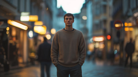 A young man stands confidently in a bustling city street during twilight hoursの素材