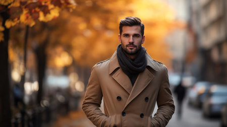 Stylish man walking through an autumn street with colorful leaves in the backgroundの素材
