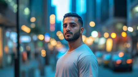 Young man standing confidently on a bustling urban street during twilight hoursの素材