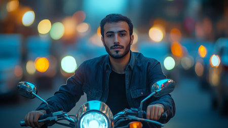 A young man rides motorcycle through city streets illuminated by colorful lights at nightの素材
