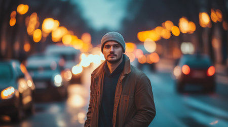 A man in a beanie walks down a city street at nightの素材
