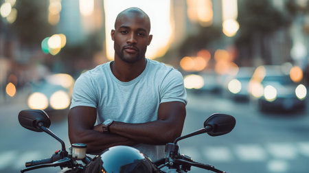 A confident black man poses on a motorcycle in a bustling city street during sunsetの素材