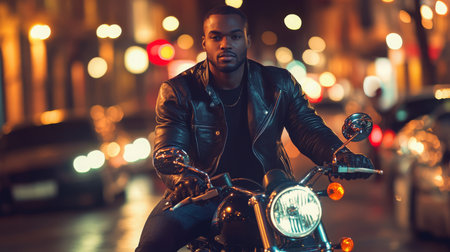 Man rides motorcycle through vibrant city street at night, illuminated by colorful lightsの素材