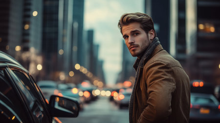 Young man standing beside a car in a busy urban street on a cloudy afternoonの素材