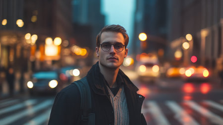 Young man in glasses stands on a busy urban street as evening lights begin to glow softlyの素材