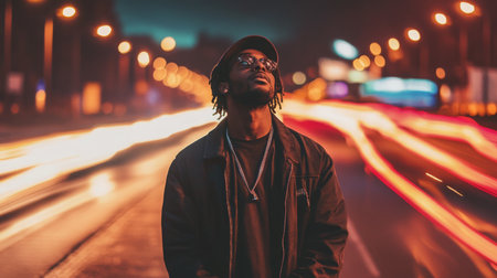 A person gazes upward on a city street illuminated by vibrant lights during evening hoursの素材