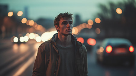 Young man walking on a city street at dusk surrounded by blurred car lightsの素材