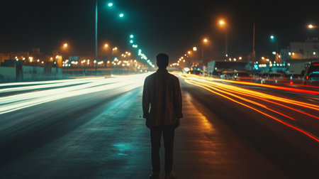A person stands alone on a busy road under the night lights in an urban settingの素材