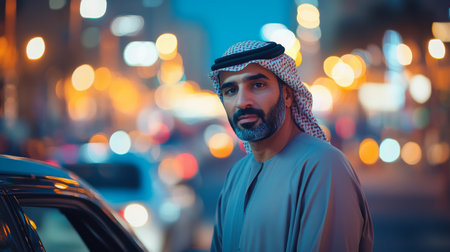 Evening portrait of an arab man in traditional attire against a vibrant city backdropの素材