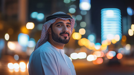 A man in traditional attire smiles while walking through a bustling city at nightの素材