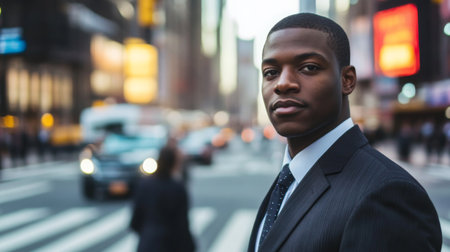 A confident businessman in suit walks through a bustling urban street in the evening lightの素材