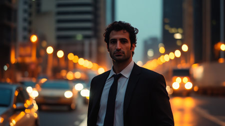 A well-dressed man stands confidently on a bustling city street during twilightの素材
