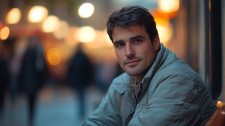 A man sitting confidently on a street bench during twilight with warm city lightsの素材