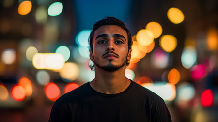 A young man stands confidently in an urban street illuminated by city lights at nightの素材