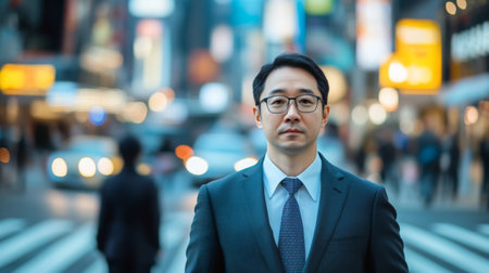 An asian business professional in suit stands confidently in busy evening urban crosswalkの素材