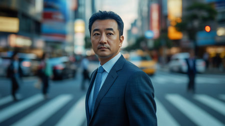 Asian businessman crossing bustling city intersection during the day in urban environmentの素材