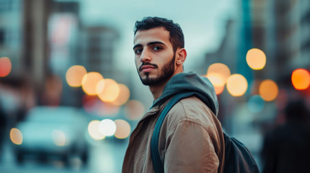 Young man with beard stands on bustling street during twilight, looking back at the cameraの素材