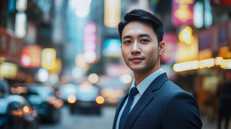Young asian businessman in a suit stands confidently on a bustling city street at nightの素材