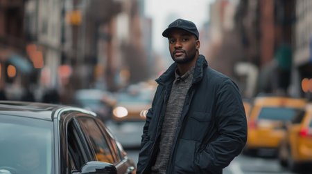 Black man stands confidently by a parked car in a busy city street during the dayの素材