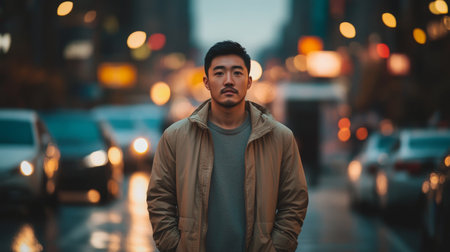 Asian man standing confidently on a rain-soaked city street during evening rush hourの素材