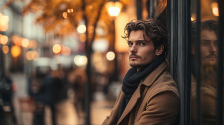 A thoughtful european man in a stylish coat enjoying a serene autumn evening in the cityの素材